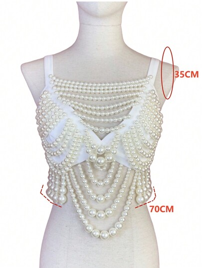 Picture of 1pc Noble Luxury Women's Faux Pearl Vest Body Chain Medieval Court Style Beautifully Beaded Sling Bustier For Dating Or Party Or Vacation And Gifts For Women - Off White