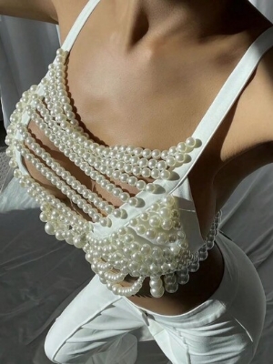 Picture of 1pc Noble Luxury Women's Faux Pearl Vest Body Chain Medieval Court Style Beautifully Beaded Sling Bustier For Dating Or Party Or Vacation And Gifts For Women - Off White