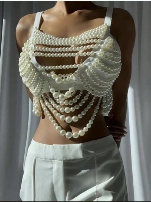 Picture of 1pc Noble Luxury Women's Faux Pearl Vest Body Chain Medieval Court Style Beautifully Beaded Sling Bustier For Dating Or Party Or Vacation And Gifts For Women - Off White