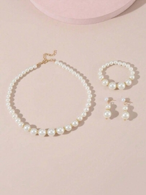 Picture of 3 in 1 Minimalist Niche Design Single Layer Pearl Necklace, Earrings & Bracelet Set - Off White