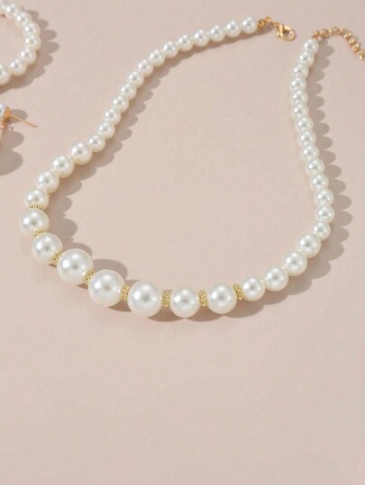 Picture of 3 in 1 Minimalist Niche Design Single Layer Pearl Necklace, Earrings & Bracelet Set - Off White