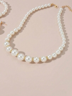 Picture of 3 in 1 Minimalist Niche Design Single Layer Pearl Necklace, Earrings & Bracelet Set - Off White