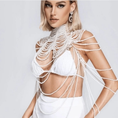 Picture of Bridal Beaded Necklace Multilayer Pearl Collar Queen Choker White Faux Pearl Body Chain For Women,Perfect For Weddings, Parties, Fashion Shows And Gifts - Off White