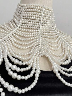 Picture of Bridal Beaded Necklace Multilayer Pearl Collar Queen Choker White Faux Pearl Body Chain For Women,Perfect For Weddings, Parties, Fashion Shows And Gifts - Off White