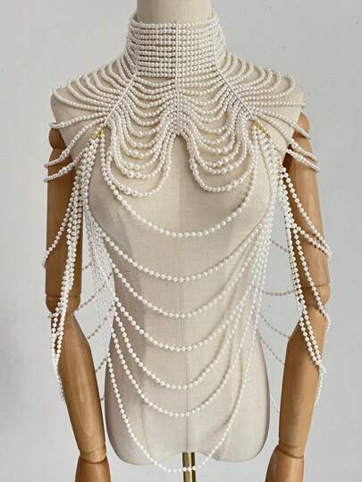 Picture of Bridal Beaded Necklace Multilayer Pearl Collar Queen Choker White Faux Pearl Body Chain For Women,Perfect For Weddings, Parties, Fashion Shows And Gifts - Off White