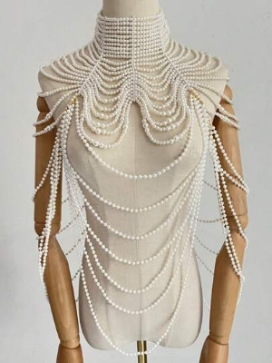 Picture of Bridal Beaded Necklace Multilayer Pearl Collar Queen Choker White Faux Pearl Body Chain For Women,Perfect For Weddings, Parties, Fashion Shows And Gifts - Off White