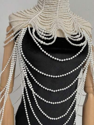 Picture of Bridal Beaded Necklace Multilayer Pearl Collar Queen Choker White Faux Pearl Body Chain For Women,Perfect For Weddings, Parties, Fashion Shows And Gifts - Off White
