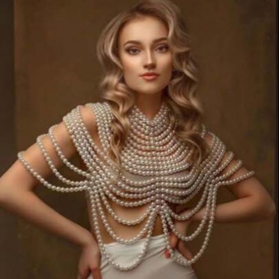 Picture of 1Pc Women's Heavy Faux Pearl Body Chain Handmade Beaded Top Vintage Style Elegant Gorgeous Multi-Layered Beaded Necklace Medieval Style Premium Sense Bridal Shawl - Off White