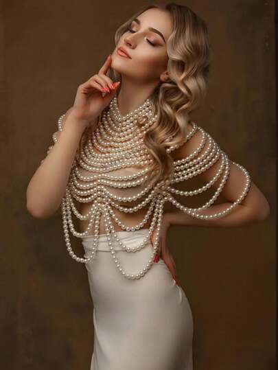 Picture of 1Pc Women's Heavy Faux Pearl Body Chain Handmade Beaded Top Vintage Style Elegant Gorgeous Multi-Layered Beaded Necklace Medieval Style Premium Sense Bridal Shawl - Off White