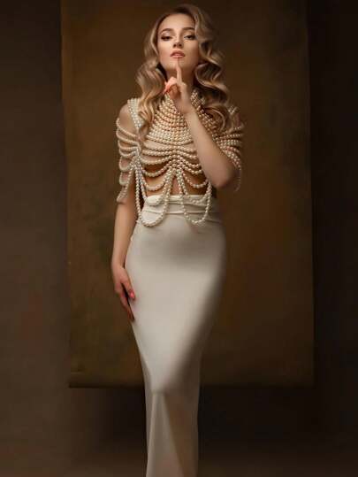 Picture of 1Pc Women's Heavy Faux Pearl Body Chain Handmade Beaded Top Vintage Style Elegant Gorgeous Multi-Layered Beaded Necklace Medieval Style Premium Sense Bridal Shawl - Off White