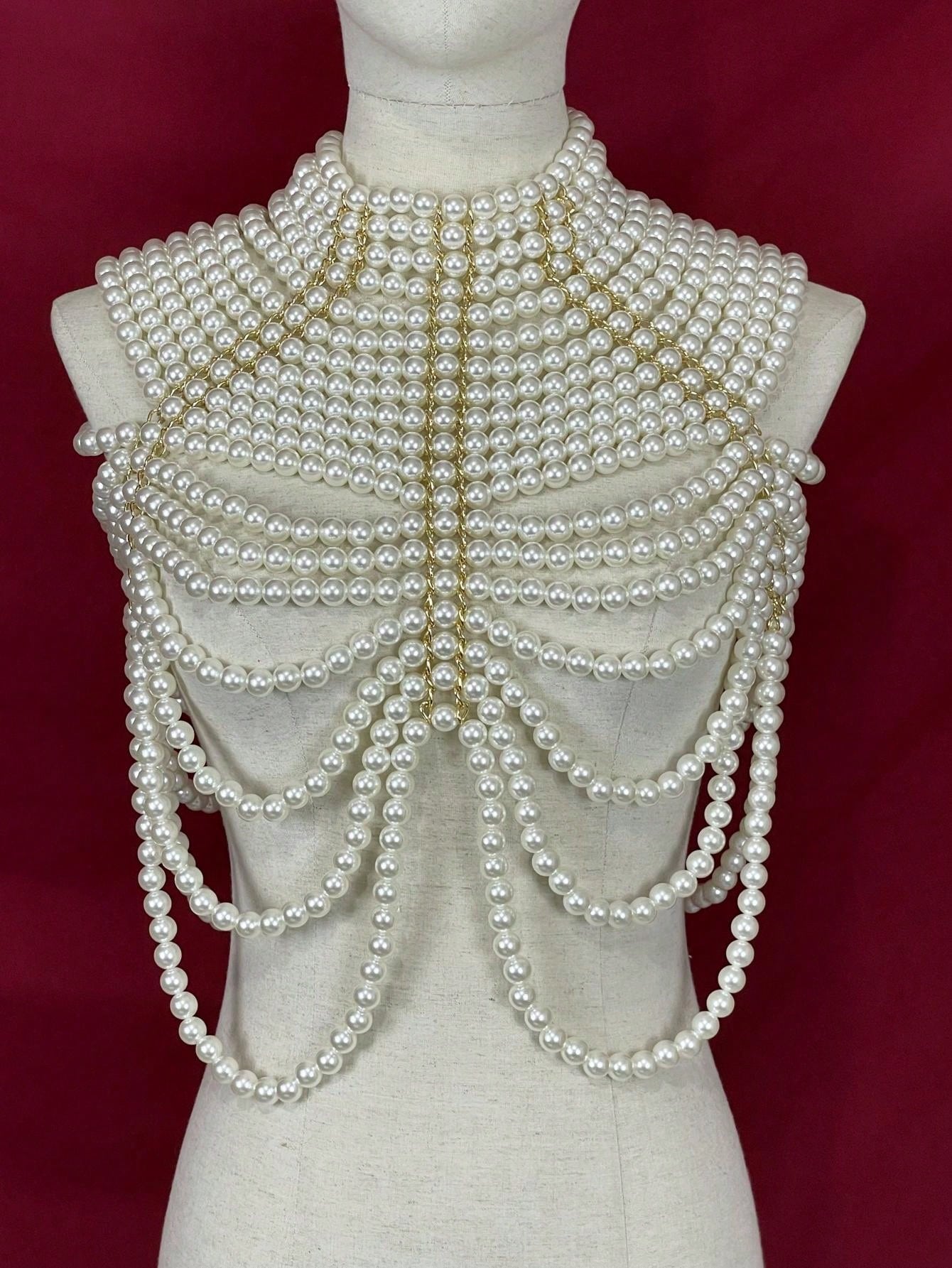 Picture of 1Pc Women's Heavy Faux Pearl Body Chain Handmade Beaded Top Vintage Style Elegant Gorgeous Multi-Layered Beaded Necklace Medieval Style Premium Sense Bridal Shawl - Off White