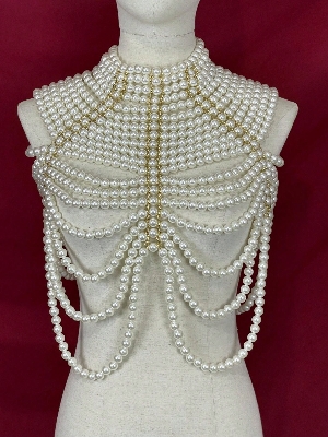 Picture of 1Pc Women's Heavy Faux Pearl Body Chain Handmade Beaded Top Vintage Style Elegant Gorgeous Multi-Layered Beaded Necklace Medieval Style Premium Sense Bridal Shawl - Off White