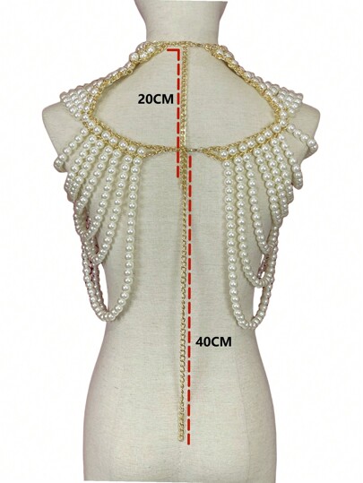 Picture of 1Pc Women's Heavy Faux Pearl Body Chain Handmade Beaded Top Vintage Style Elegant Gorgeous Multi-Layered Beaded Necklace Medieval Style Premium Sense Bridal Shawl - Off White