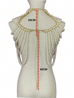 Picture of 1Pc Women's Heavy Faux Pearl Body Chain Handmade Beaded Top Vintage Style Elegant Gorgeous Multi-Layered Beaded Necklace Medieval Style Premium Sense Bridal Shawl - Off White