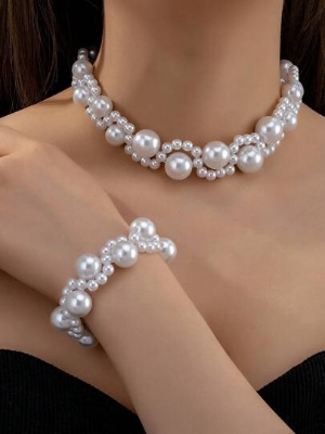 Picture of Elegant Pearl Necklace And Bracelet Set Suitable For Women To Wear On Wedding Season, Party, Mother's Day As Gift To Mom. - Off White