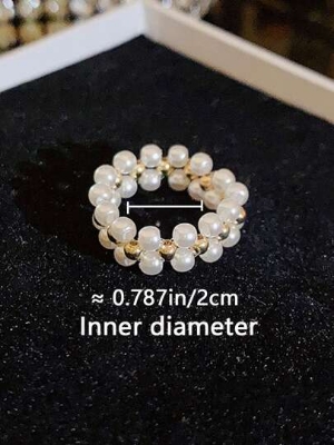 Picture of 1pc Simple Pearl Elastic Ring For Women, Light Luxury, Niche Retro, High-End Feeling, Index Finger Ring, Elegant, Net Red Ring Vintage - Off White