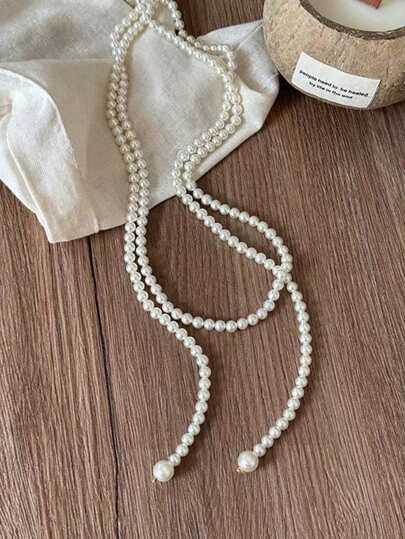 Picture of Stacking Vintage French Style Round Pearl Long Necklace, Versatile Luxury Minimalist Design Sweater Chain For Autumn/Winter Tenoor Special - Off White
