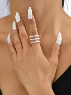 Picture of Faux Pearl Beaded Ring 3 Pcs - White
