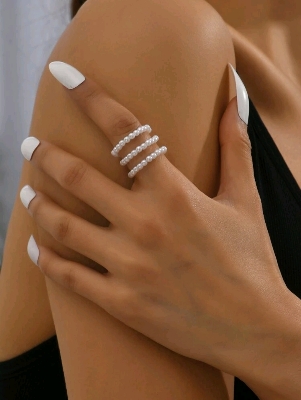 Picture of Faux Pearl Beaded Ring 3 Pcs - White