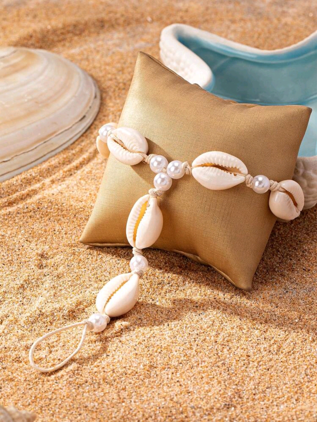 Picture of 1pc Seashell & Pearl Chain Finger Foot Jewelry, European And American Beach Resort Style, Random Shell & Diamond Pendant - White