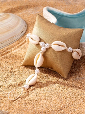 Picture of 1pc Seashell & Pearl Chain Finger Foot Jewelry, European And American Beach Resort Style, Random Shell & Diamond Pendant - White