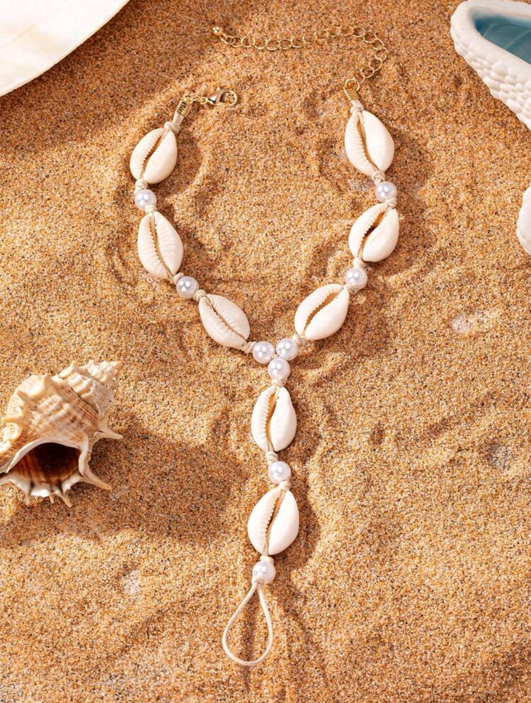 Picture of 1pc Seashell & Pearl Chain Finger Foot Jewelry, European And American Beach Resort Style, Random Shell & Diamond Pendant - White