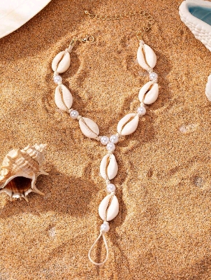 Picture of 1pc Seashell & Pearl Chain Finger Foot Jewelry, European And American Beach Resort Style, Random Shell & Diamond Pendant - White