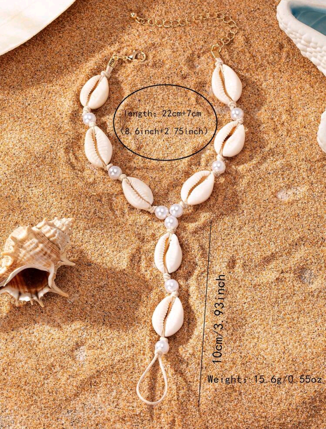 Picture of 1pc Seashell & Pearl Chain Finger Foot Jewelry, European And American Beach Resort Style, Random Shell & Diamond Pendant - White