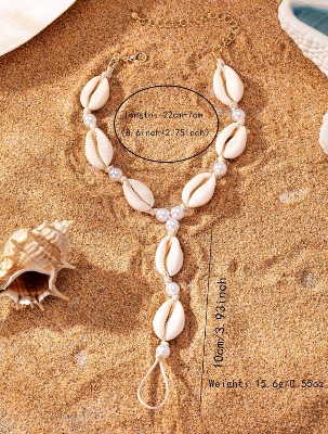 Picture of 1pc Seashell & Pearl Chain Finger Foot Jewelry, European And American Beach Resort Style, Random Shell & Diamond Pendant - White