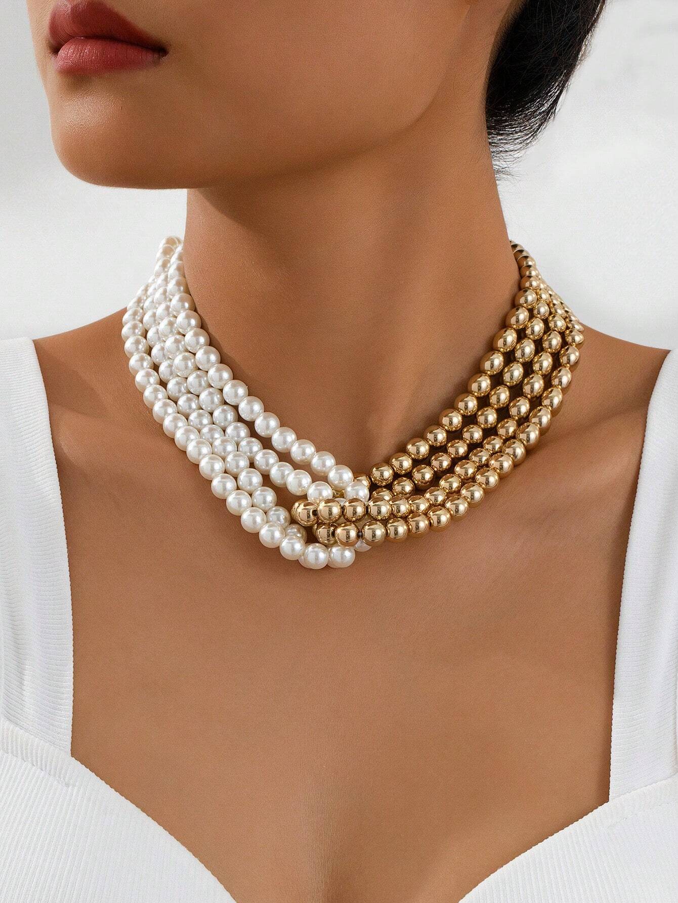 Picture of 1pc Vintage French Multi-Layer Beaded Choker Necklace, Suitable For Women's Daily Wear - Multicolor