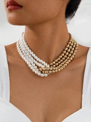 Picture of 1pc Vintage French Multi-Layer Beaded Choker Necklace, Suitable For Women's Daily Wear - Multicolor