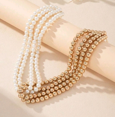 Picture of 1pc Vintage French Multi-Layer Beaded Choker Necklace, Suitable For Women's Daily Wear - Multicolor