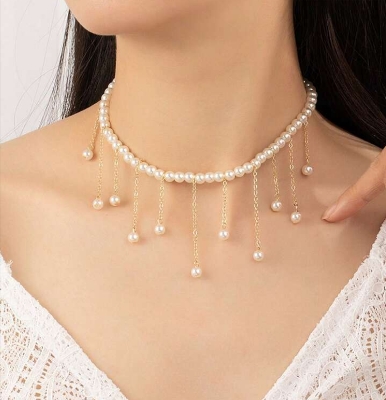 Picture of 1pc Fashion Faux Pearl Tassel Pendant Faux Pearl Choker Necklace For Women, Suitable For Party, Daily Wear And Holidays - Antique White