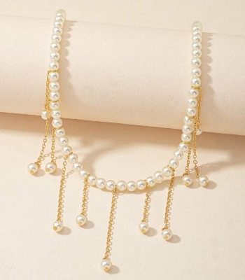 Picture of 1pc Fashion Faux Pearl Tassel Pendant Faux Pearl Choker Necklace For Women, Suitable For Party, Daily Wear And Holidays - Antique White