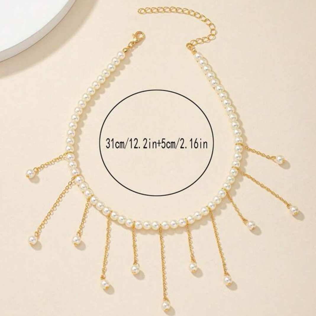 Picture of 1pc Fashion Faux Pearl Tassel Pendant Faux Pearl Choker Necklace For Women, Suitable For Party, Daily Wear And Holidays - Antique White