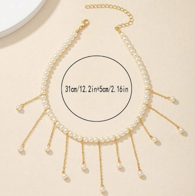 Picture of 1pc Fashion Faux Pearl Tassel Pendant Faux Pearl Choker Necklace For Women, Suitable For Party, Daily Wear And Holidays - Antique White