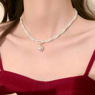 Picture of 1pc Women Vintage Wrapped Double Layer Pearl Necklace, Elegant Small Designer Collarbone Necklace. Double Layer French Retro Pearl Chain Collarbone Necklace, Minimalist Versatile Pendant Necklace, Christmas, Thanksgiving, Valentine's Day Gift Valentines - Off White