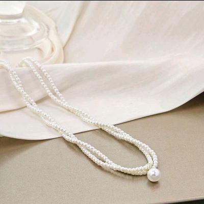 Picture of 1pc Women Vintage Wrapped Double Layer Pearl Necklace, Elegant Small Designer Collarbone Necklace. Double Layer French Retro Pearl Chain Collarbone Necklace, Minimalist Versatile Pendant Necklace, Christmas, Thanksgiving, Valentine's Day Gift Valentines - Off White