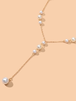 Picture of Faux Pearl Charm Y Lariat Necklace - Gold