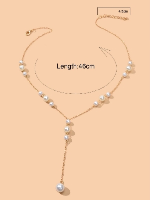 Picture of Faux Pearl Charm Y Lariat Necklace - Gold