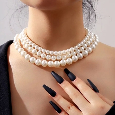 Picture of 3 Layer Pearl Necklace Off White - Multi