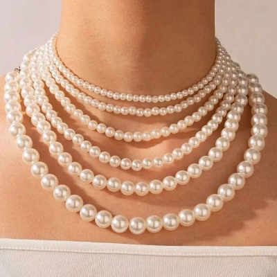 Picture of 6 Layer Pearl Choker Necklace Women Dating Wedding Tavelling - Multi