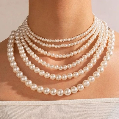 Picture of 6 Layer Pearl Choker Necklace Women Dating Wedding Tavelling - Multi