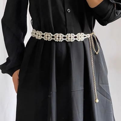 Picture of White Pearl Vintage Waist Chain Female Fashion Dress Accessories Versatile Elegant Waistband Senior Simple Casual Belt
For Girls And Women Tenoor Special - Multi