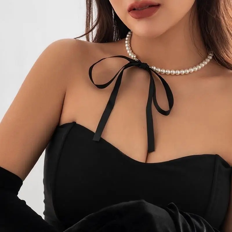 Picture of Kpop Black  Ribbon Adjustable Bowknot Back Chain Necklace Women Elegant Imitation Korean Girls Pearl Rope Choker Jewelry Set Necklace Bracelet  Accessories
For Wedding Occasion - Multi