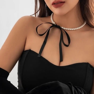 Picture of Kpop Black  Ribbon Adjustable Bowknot Back Chain Necklace Women Elegant Imitation Korean Girls Pearl Rope Choker Jewelry Set Necklace Bracelet  Accessories
For Wedding Occasion - Multi