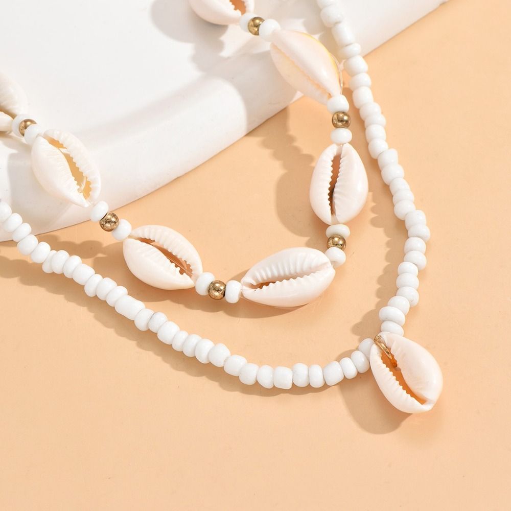 Picture of 2 pieces per set  Bohemia Pearl Beads Chain Shell Necklace with Adjustable Jewelry Accessory Tenoor Special Summer Natural Sea Shell Choker Necklace for Women and Girls - Multi