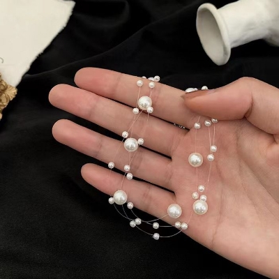 Picture of Fishline Transparent 3 Layer Pearl Necklace For Women Party Dress - Multi