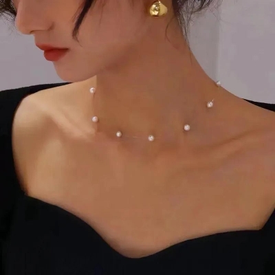 Picture of Transparent Nylon String Off White Pearl Necklace Ladies Fashion Dating Travelling Wedding Tenoor Special - Multi