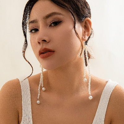 Picture of Elegant Imitation Pearl Bowknot Drop Earrings Korean Beaded Long Tassel Earrings Women's Wedding Bride Jewelry Tenoor Special - Multi